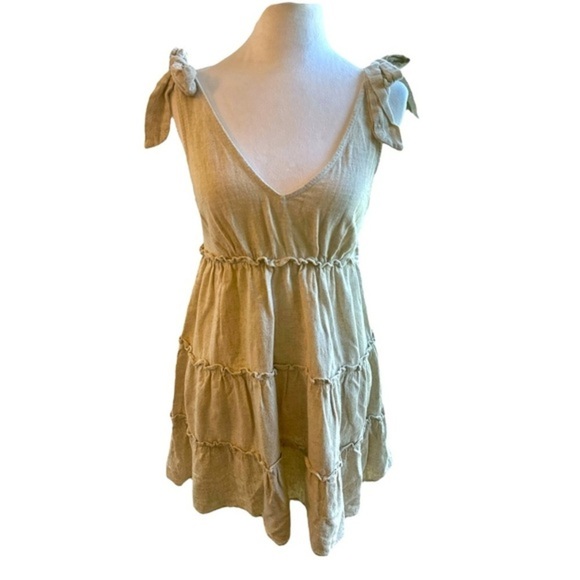 Petal & Pup 100% Linen Tiered Tie Strap Mini Dress Beige size 2 - Picture 2 of 10